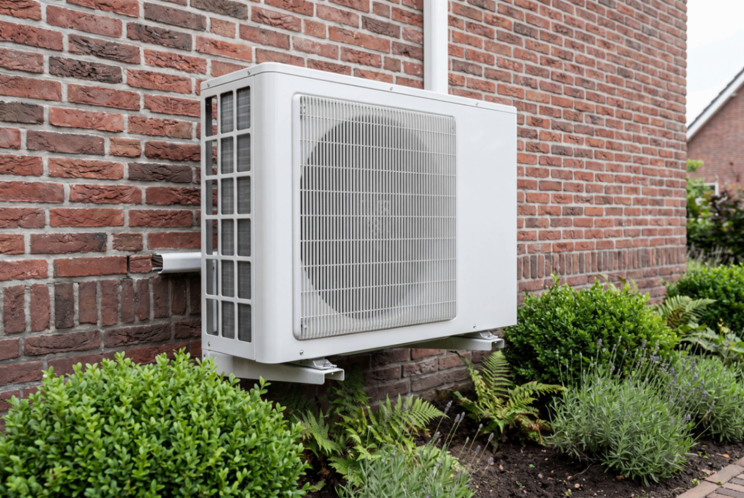 Buitenunit van een hybride warmtepomp tegen een bakstenen gevel