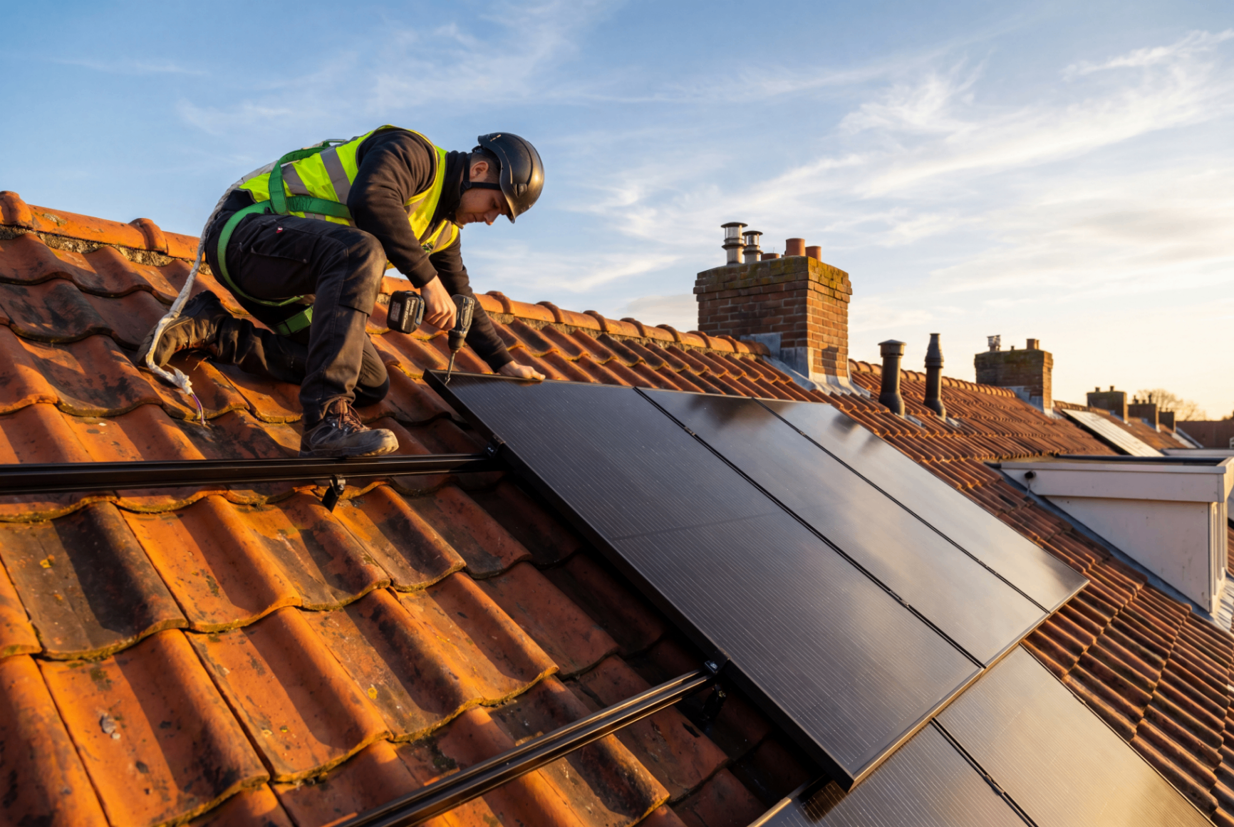 Installateur legt zonnepanelen op een Nederlands pannendak